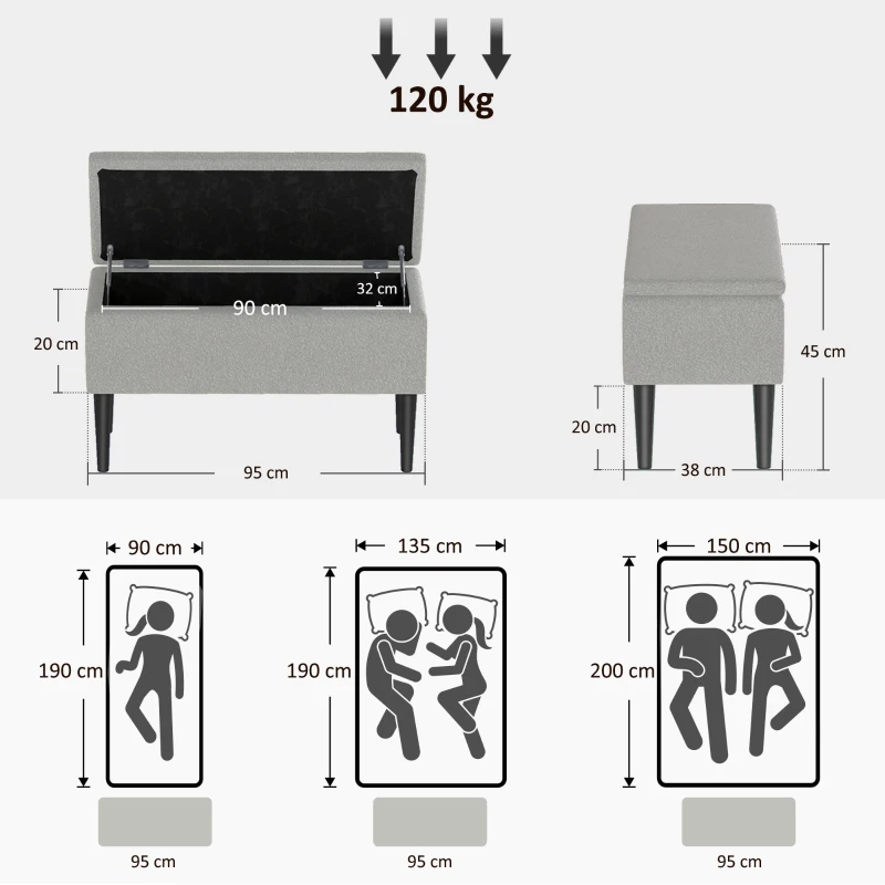 HOMCOM Banco de Armazenamento em Borrego Capacidade 47L Tampa Abatível e Pés de Madeira de Borracha Carga 120 kg 95x38x45 cm Cinza