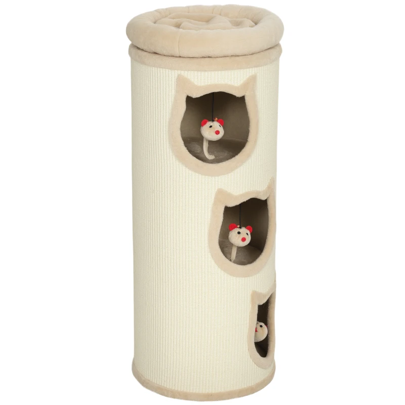 PawHut Tonneau à gratter, tour à griffer en sisal et bord en peluche, 3 niveaux avec plate-forme, stable, Ø 38 x 96 cm crème