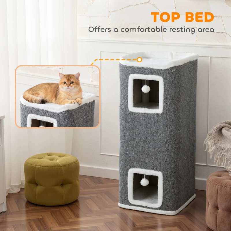 PawHut 4-stufiger Katzenturm, Kratzbaum mit 3 Höhlen, Spanplatte, Spielbälle, Grau