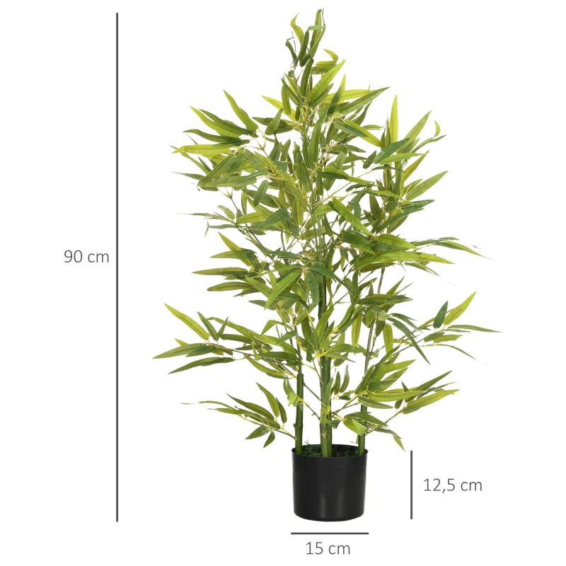 HOMCOM Plante de bambou artificielle H. 90 cm, 504 feuilles, en PEVA et PP, vert avec pot en ciment Ø15x12.5 cm
