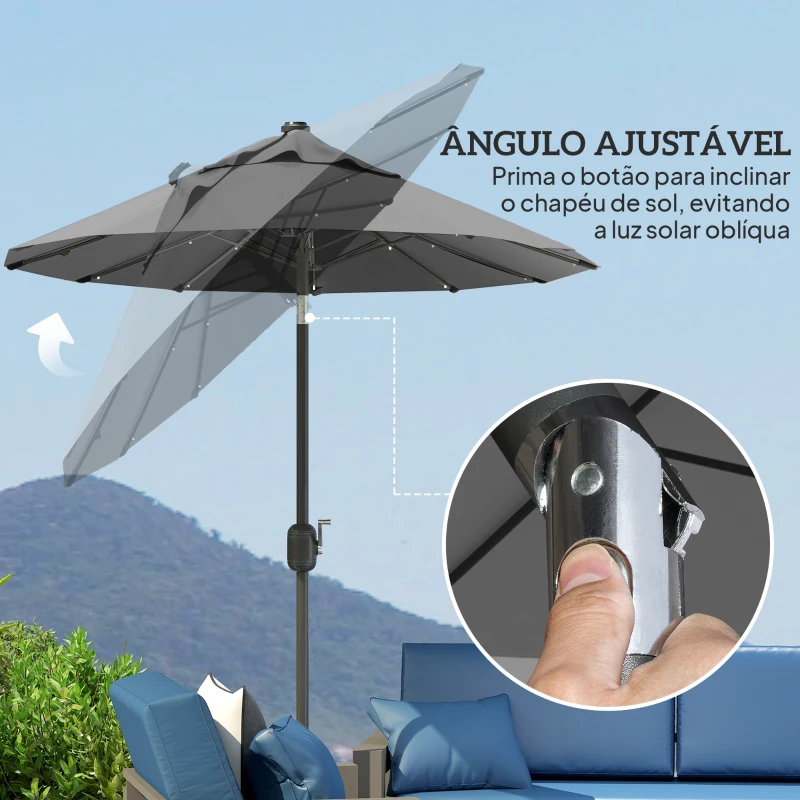 Outsunny Chapéu de Sol Duplo 295x150x219 cm com Luzes LED Solares Teto com Inclinação Ajustável e Manivela Manual para Jardim Cinza