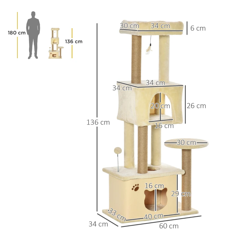 PawHut Arbre Griffoir pour Chats de 136 cm avec Niche Amovible, Maisonnette et Lit, Poteaux en Jute, Beige