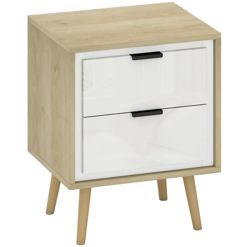 HOMCOM Mesita de noche estrecha, mesa auxiliar 2 cajones silenciosos y patas en madera maciza, 40 x 35 x 50 cm, blanco brillante