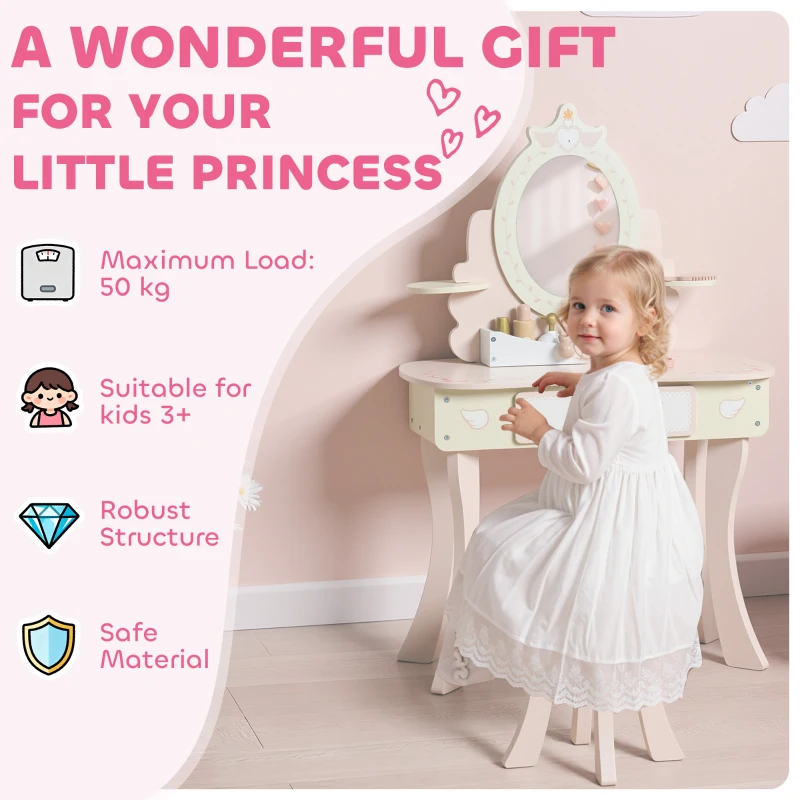 AIYAPLAY Children's vanity table, stool, drawer, removable mirror, children's desk with 7 accessories, 2-in-1 design, MDF, pink