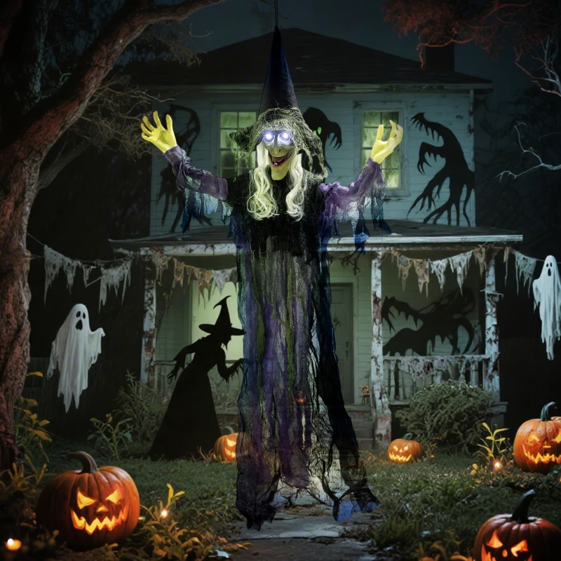 Outsunny 183 cm Life Size Halloween Animated Hanging Witch with Glowing LED Eyes, Spooky Witch Scary Halloween Decorations, Battery Operated, Indoor Party Props
