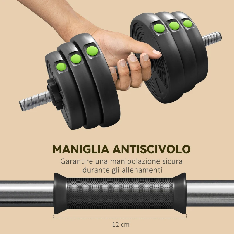 SPORTNOW Set 2 in 1 con 2 Manubri Convertibili in Bilanciere, Peso Totale 30 kg e Dischi Pesi Regolabili, Nero
