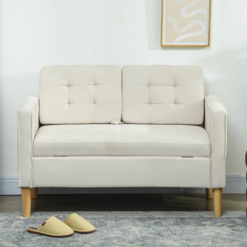 HOMCOM Zweisitzer-Sofa mit Stauraum, Knopfheftung, Kissen, Kautschukbaumholz, 117x62x78cm, Cremeweiß(m-8)