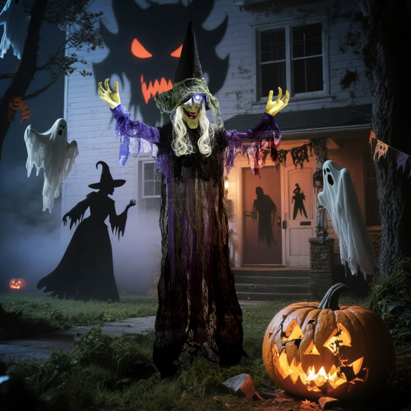 Outsunny 183 cm Life Size Halloween Animated Hanging Witch with Glowing LED Eyes, Spooky Witch Scary Halloween Decorations, Battery Operated, Indoor Party Props