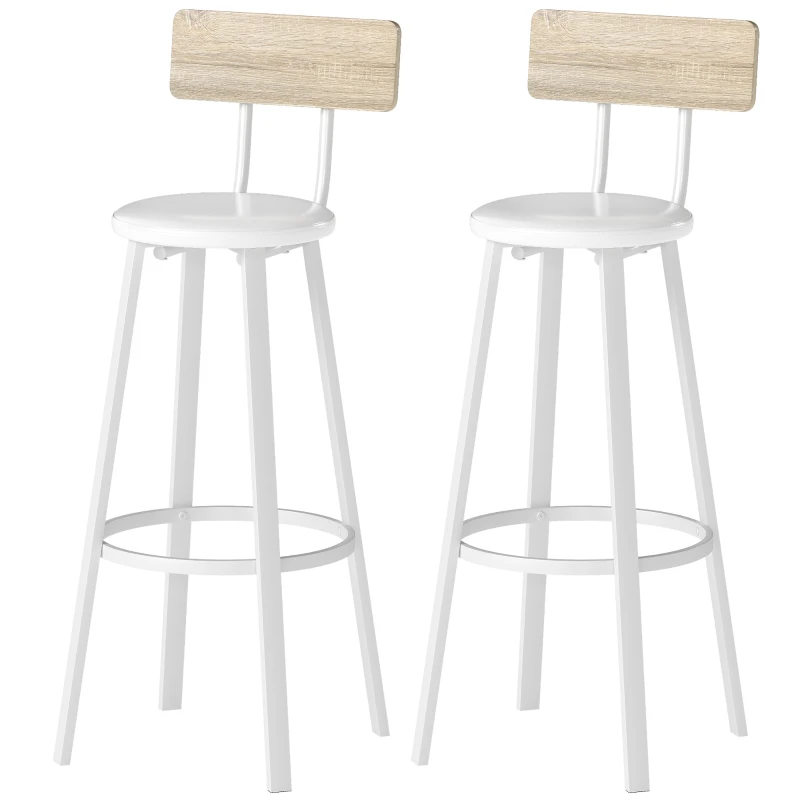 HOMCOM Set mit 2 hohen Küchenhockern mit Rückenlehne und Fußstütze, PU-bezogen, Sitzhöhe 75,5 cm, Natur und Weiß