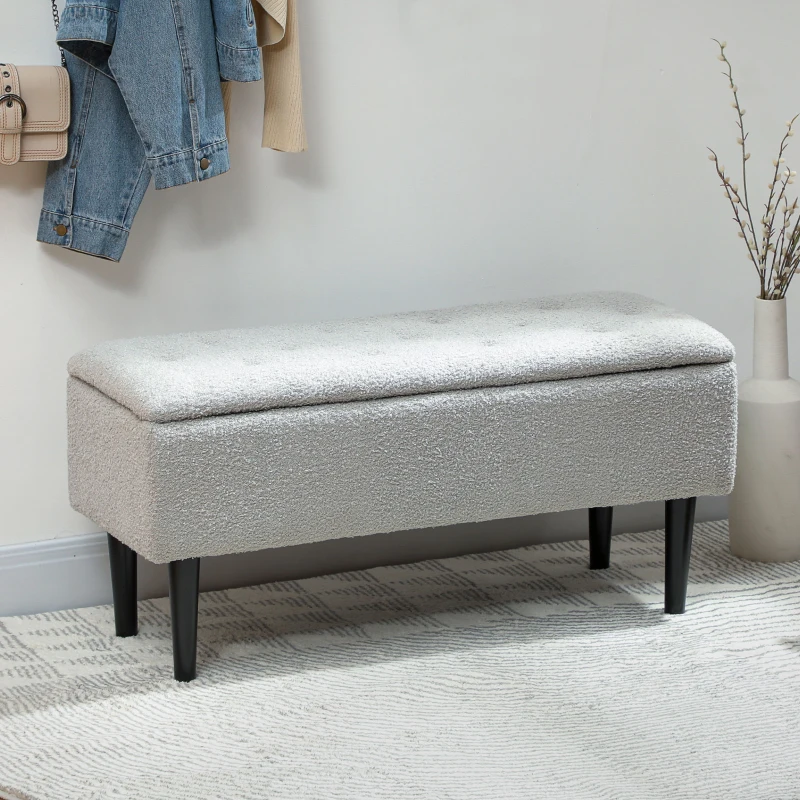 HOMCOM Banco de Armazenamento em Borrego Capacidade 47L Tampa Abatível e Pés de Madeira de Borracha Carga 120 kg 95x38x45 cm Cinza