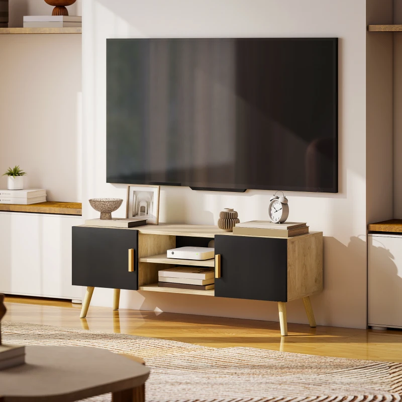 HOMCOM TV-Möbel TV-Bank aus Holz bis zu 127 cm mit Ablagen, 2 Schränken und Kabeldurchlässen, Eiche