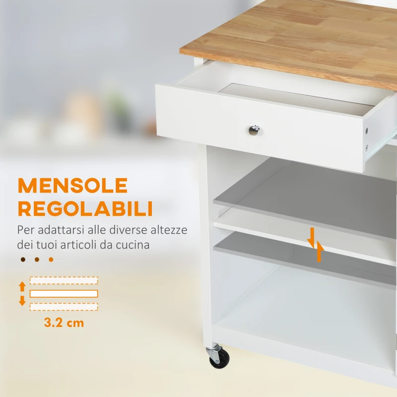HOMCOM Carrello da Cucina Multiuso con 4 Ruote, in Legno Bianco, 67x48x86.5cm