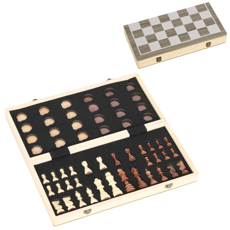 SPORTNOW Juego de Ajedrez Internacional y Damas de Madera 2 en 1 Plegable con Piezas de Pino y Ranuras de Almacenamiento Nogal