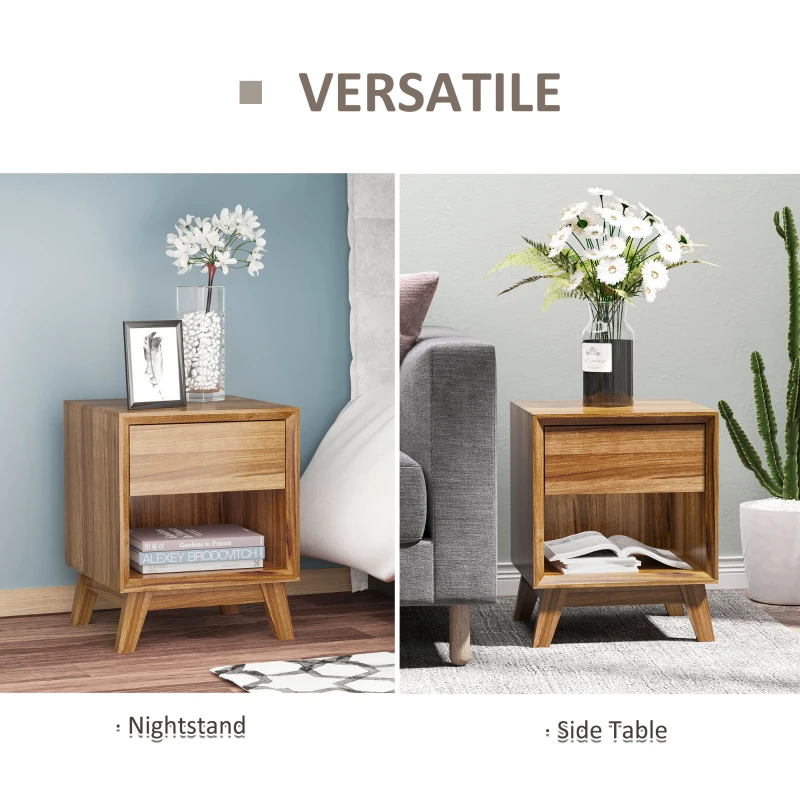 HOMCOM Modern Bedside Table Nightstand, Living Room End Table, Side Table with Drawer and Shelf, Walnut Brown