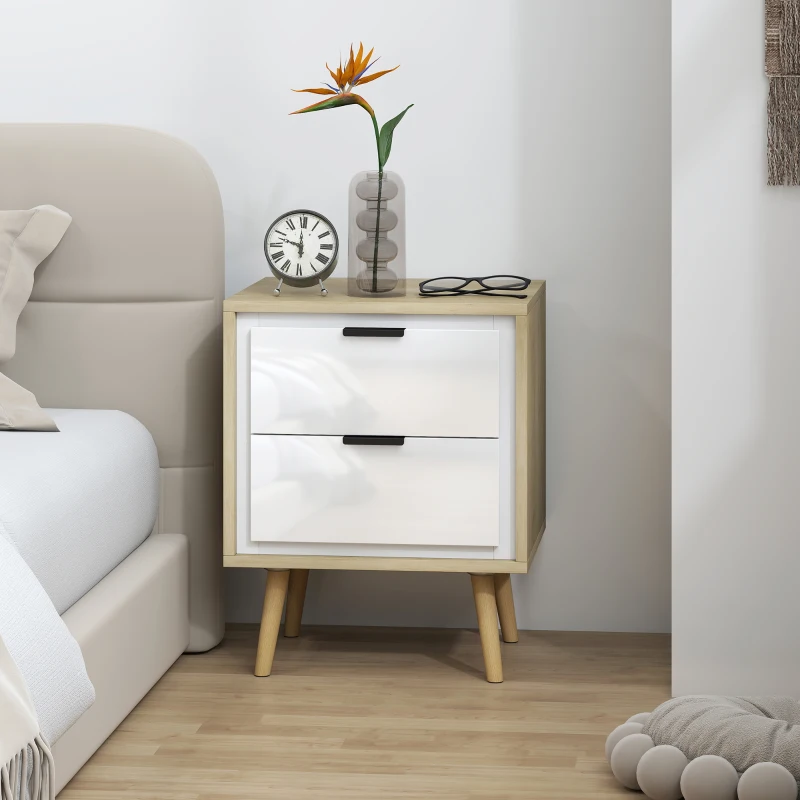 HOMCOM Mesita de noche estrecha, mesa auxiliar 2 cajones silenciosos y patas en madera maciza, 40 x 35 x 50 cm, blanco brillante