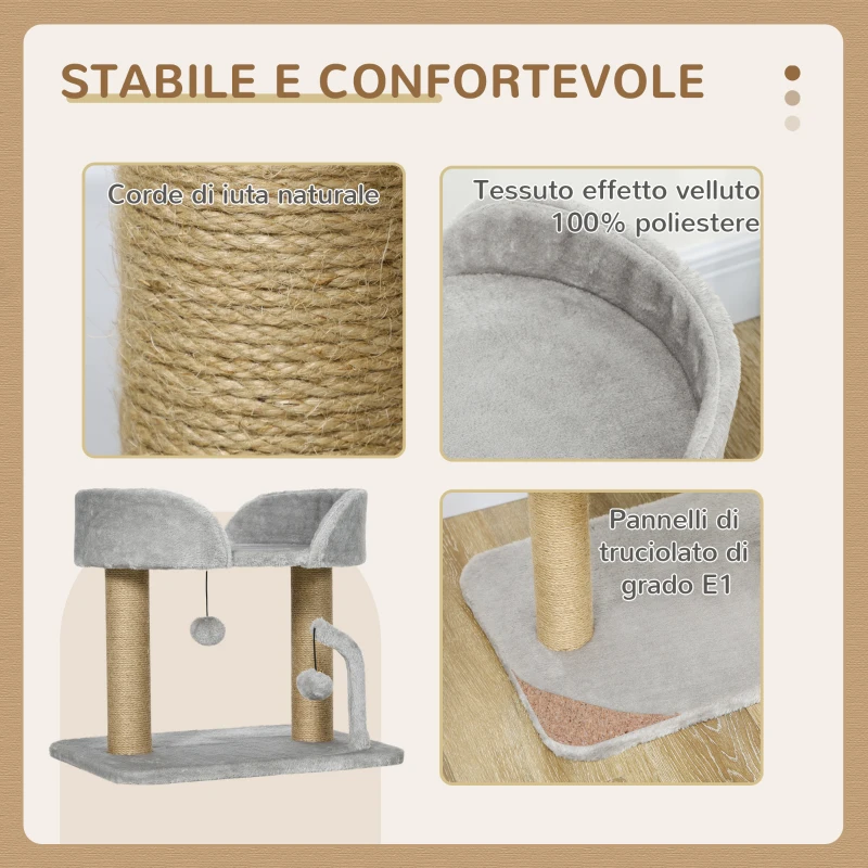 PawHut Albero per Gatti con Tiragraffi in Juta, Lettino e Palline, 48x38x42 cm, Grigio