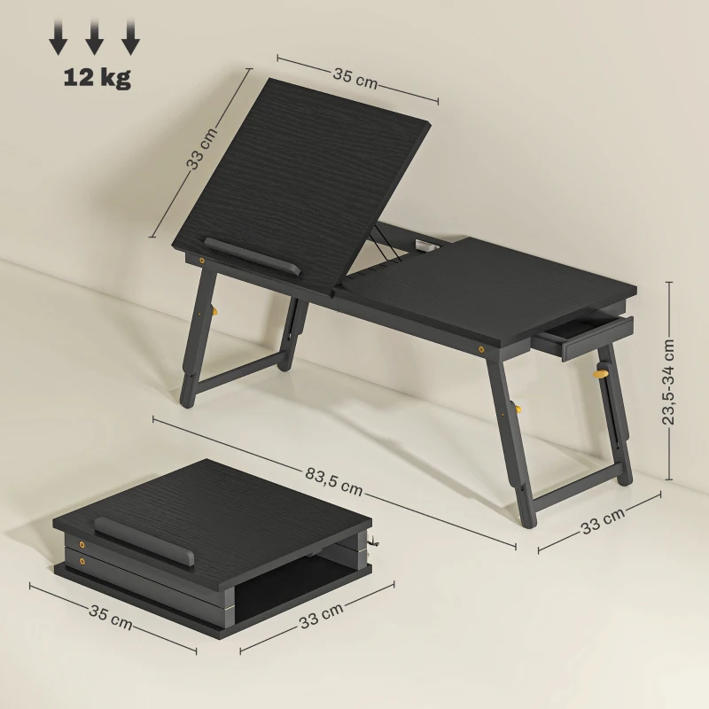 HOMCOM Mesa de cama plegable y ajustable, superficie para portátil en bambú con bandeja inclinable 83,5x33x34cm negro