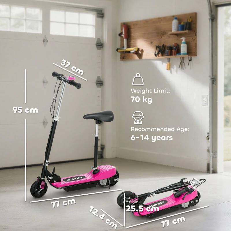 HOMCOM Steel Ride on Powered Scooter, Folding E-Scooter with Warning Bell, 15km/h Maximum Speed, for 6-14 Years Old, Pink