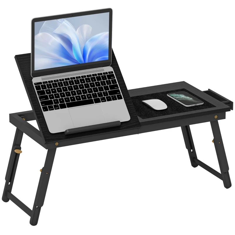 HOMCOM Tavolino da letto pieghevole e regolabile, in bambù con piano inclinabile 83,5x33x34cm Nero