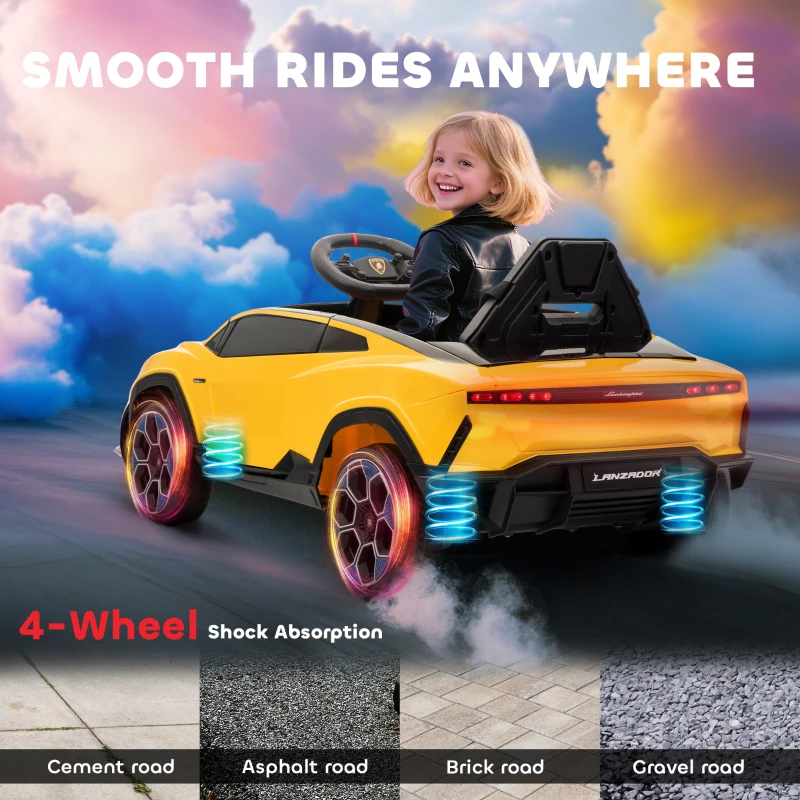 AIYAPLAY Auto elettrica per bambini 12V con telecomando 2,4 GHz, 2 motori, clacson, LED, musica, 101,5 x 49 x 43 cm, Giallo