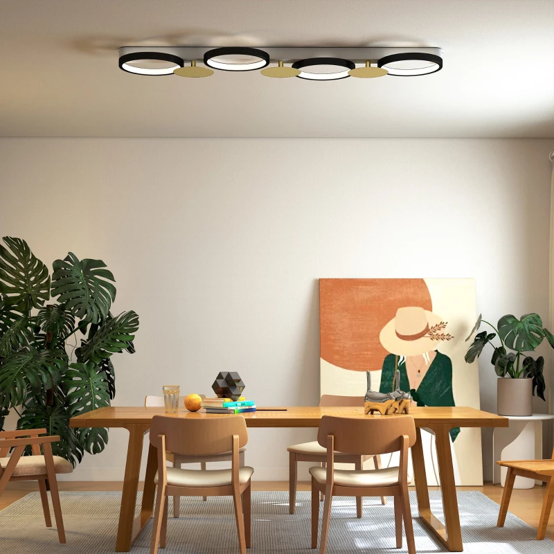 HOMCOM Candeeiro de Teto Regulável com 4 Focos Controlo Remoto Modos de Cena 1500 lm 38 W 3000 K-6500 K 100x31x7 cm Preto e Dourado