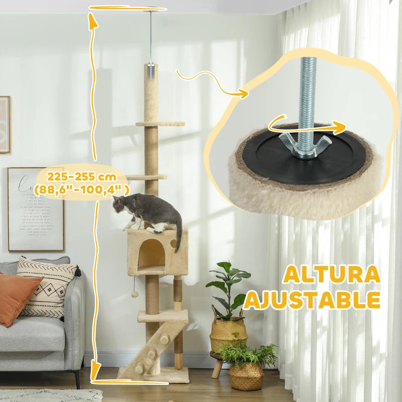 PawHut Árbol para Gatos de Suelo a Techo de 225-255 cm con Altura Ajustable Múltiples Plataformas Escalera Bola Colgante Beige