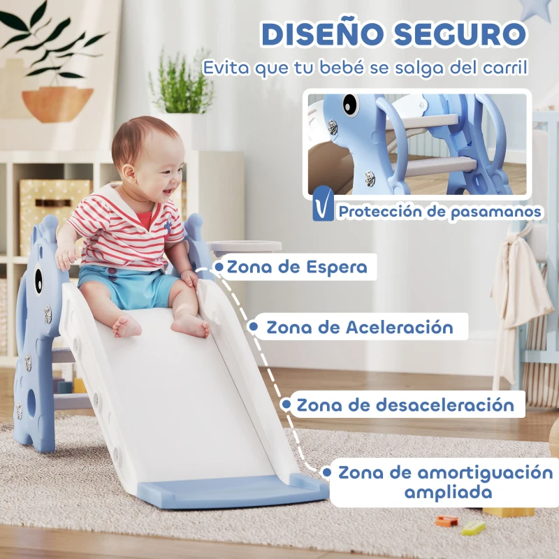 AIYAPLAY Tobogán Infantil 3 en 1 para Niños 1-3 Años con Escalera Canasta de Baloncesto y Diseño de Jirafa 106x51,5x52 cm Azul
