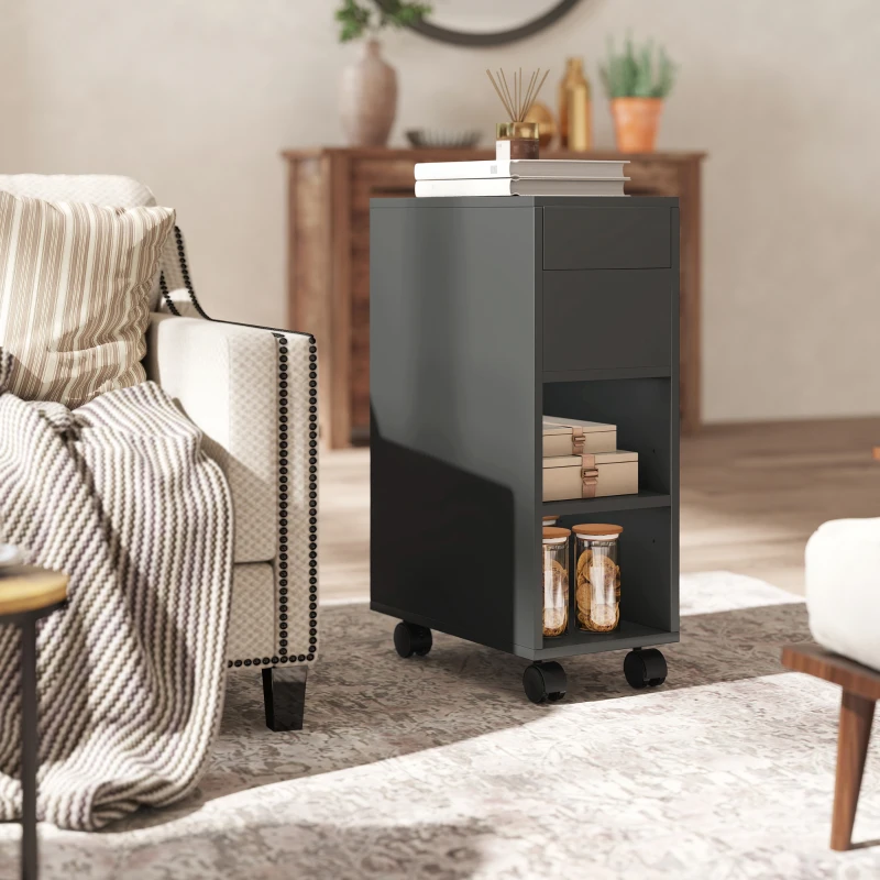 HOMCOM Mesa Auxiliar com Bancada Deslizante e Rodas Mesa Auxiliar com Armazenamento Oculto e Prateleira Ajustável 45x25x70 cm Preto