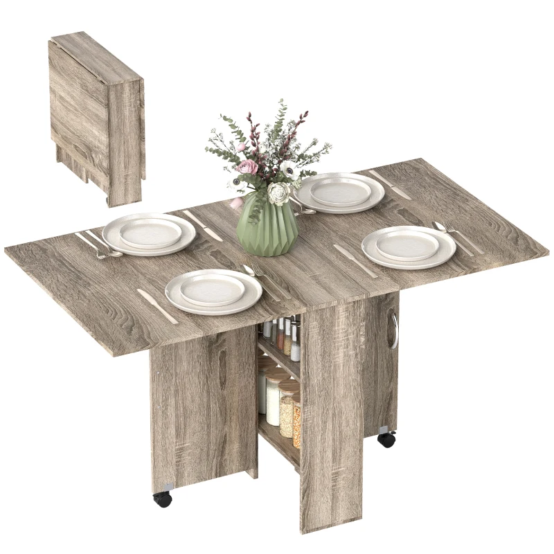 HOMCOM Folding Dining Table, Drop Leaf Table with 2-Tier Shelves, Rolling Casters, for Small Spaces, Kitchen, Grey