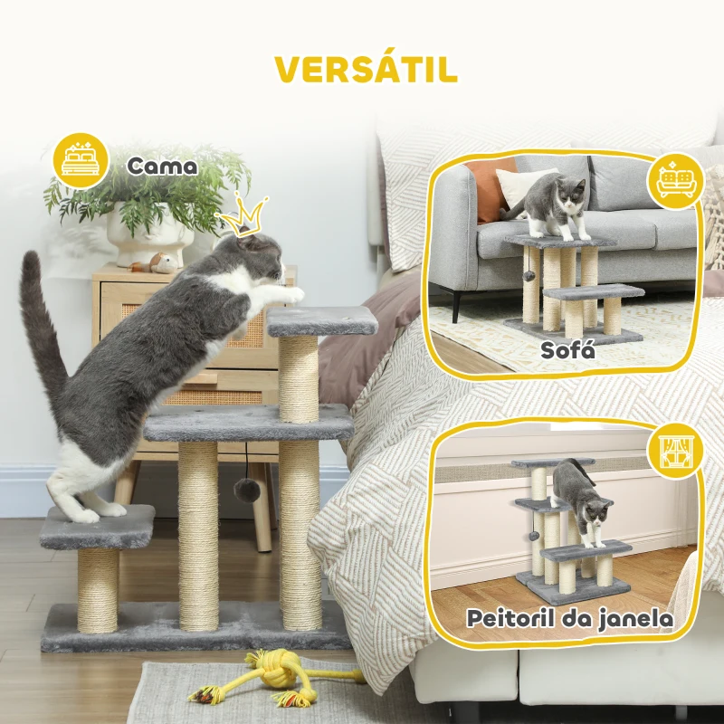 PawHut Escada para Gatos de 3 Degraus Altura Ajustável com Postes para Arranhar e Bola Pendurada Carga 10 kg 52x34,5x54 cm Cinzento