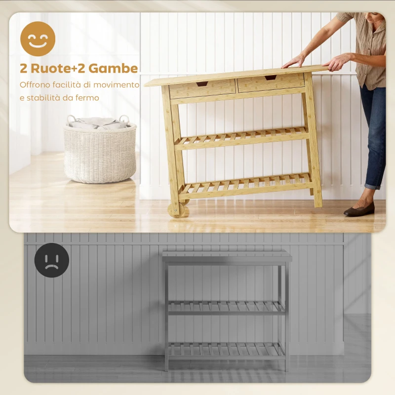HOMCOM Carrello Cucina in Legno di Bambù con 2 Cassetti, 2 Ripiani a Doghe e 2 Rotelle, 100x43x75 cm, Legno