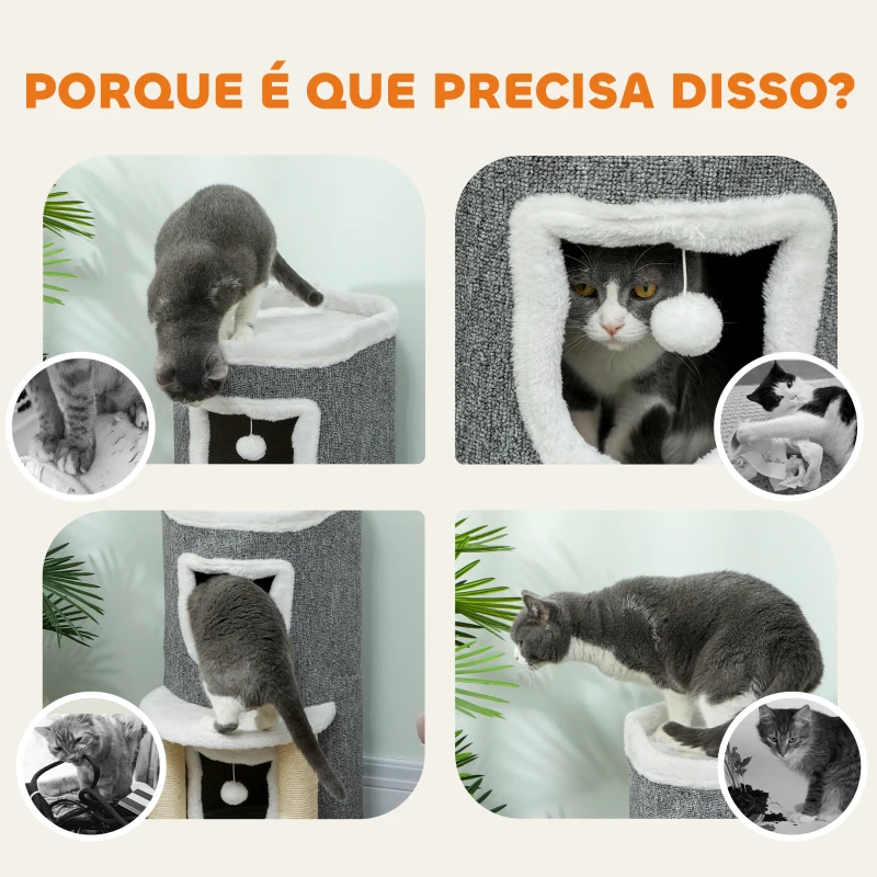 PawHut Arranhador para Gatos com Cama 2 Cavernas Postes de Sisal Tapete de Arranhar e Bolas para Brincar 50x36x76 cm Cinzento