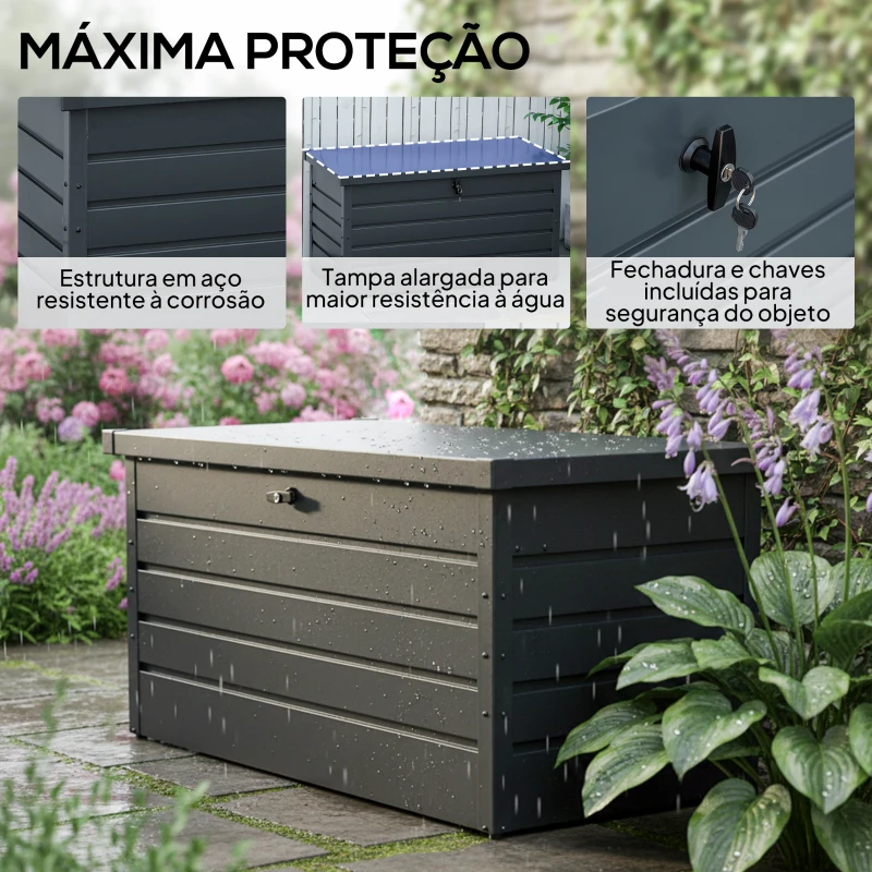 Outsunny Baú de Arrumação Exterior Capacidade 311L  de Aço com Fechadura Chave Pistões Pneumáticos 120x62x62 cm Cinza Escuro