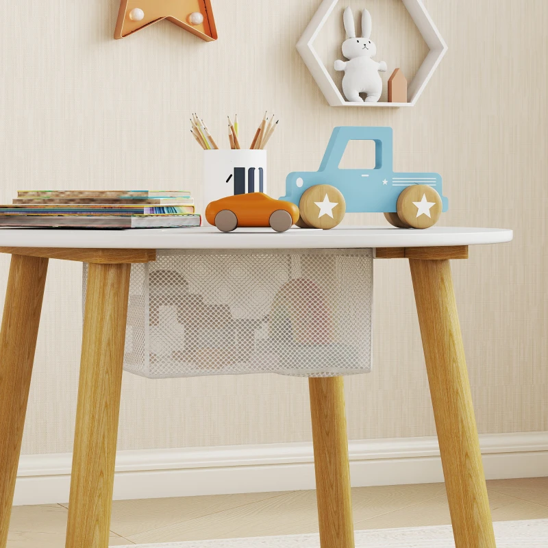 AIYAPLAY Set tavolo rotondo e 2 sedie per bambini, schienale a forma di orsetto, 3-6 anni, Bianco