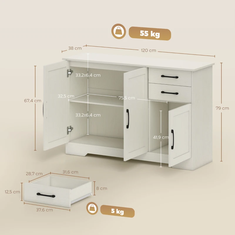 HOMCOM Aparador com 3 Portas Moderno para Sala de Estar com 2 Gavetas Prateleira Ajustável 120x38x79 cm Branco com Efeito Madeira
