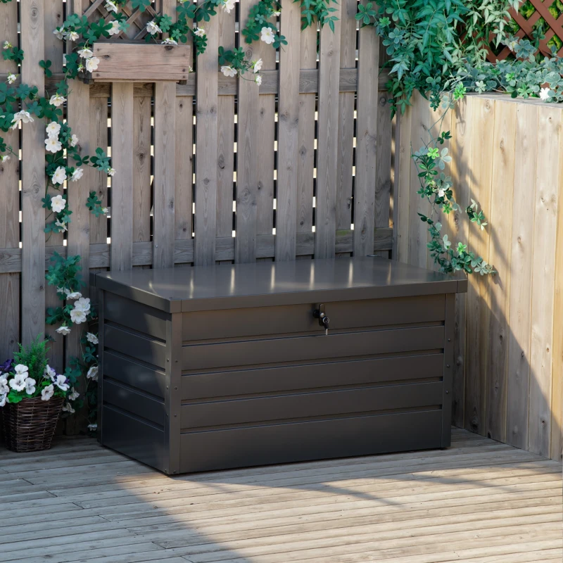 Outsunny Baú de Arrumação Exterior Capacidade 311L  de Aço com Fechadura Chave Pistões Pneumáticos 120x62x62 cm Cinza Escuro