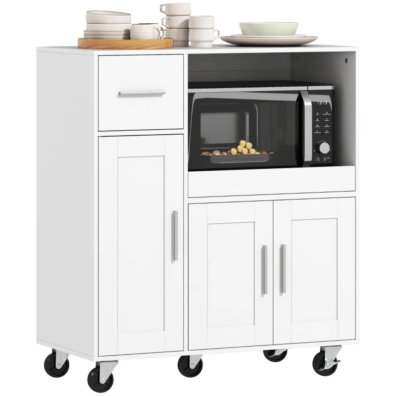 HOMCOM Kitchen Sideboard with Wheels, Microwave Sideboard with Sliding Tray 80x40x88.7 cm White