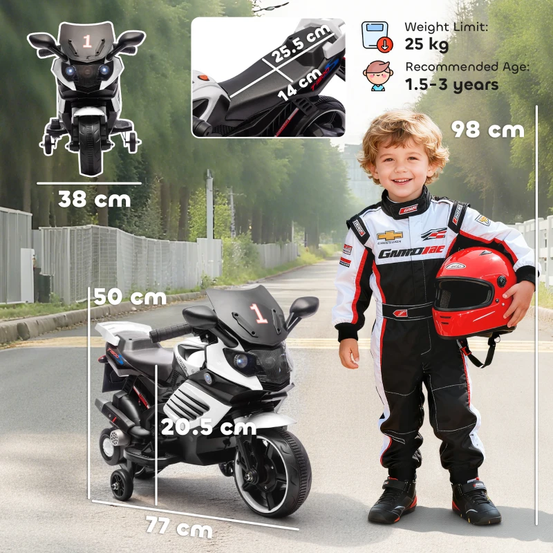 AIYAPLAY 6V Elektro-Motorrad für Kinder mit abnehmbaren Stützrädern, Scheinwerfern und Musik, Alter 18-36 Monate, Weiß