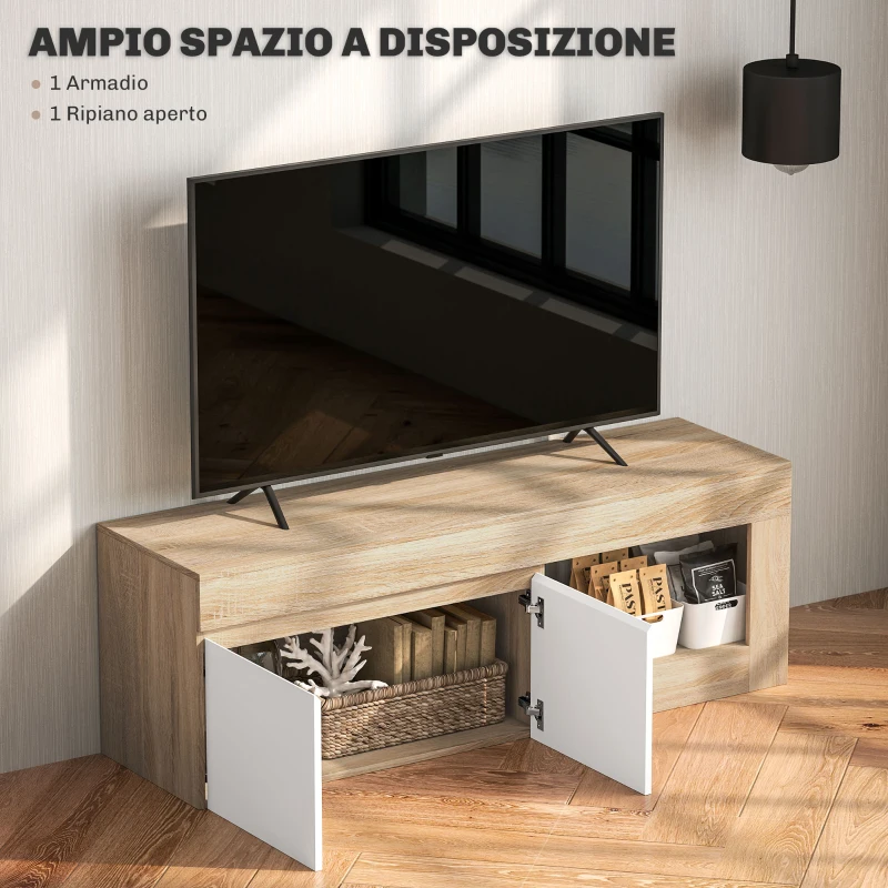 HOMCOM Mobile TV Moderno 60" max con Armadietto 2 Ante e Ripiano Aperto, 140x40x48 cm, Bianco e color Legno