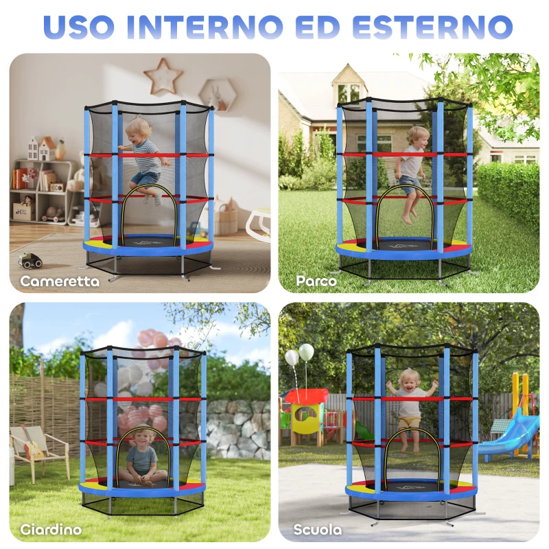 HOMCOM Tappeto Elastico per Bambini 3-6 Anni con Rete di Protezione, 6 Colonne e 3 Ingressi, Ø140x190 cm, Multicolore