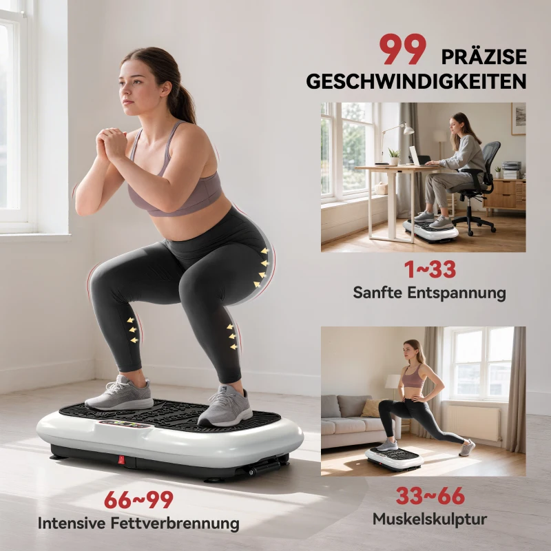 HOMCOM Vibrationsplatte mit 99 Stufen, 2 Fitnessbändern 73 x 40 x 13cm Weiß+Schwarz