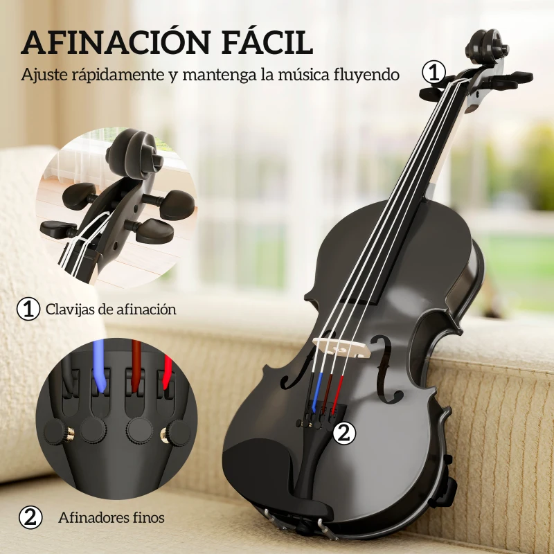 HOMCOM Violín 4/4 de Tamaño Completo de Madera con Estuche Arco Colofonia Afinadores Cuerdas y Soporte para Hombro Negro