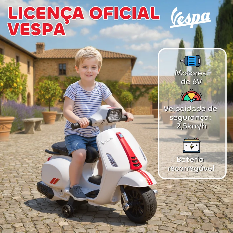 AIYAPLAY Mota Elétrica para Crianças 6V com Licença Vespa Rodas Auxiliares Velocidade de 2,5km/h Farol e Buzina 71x37x52 cm Branco