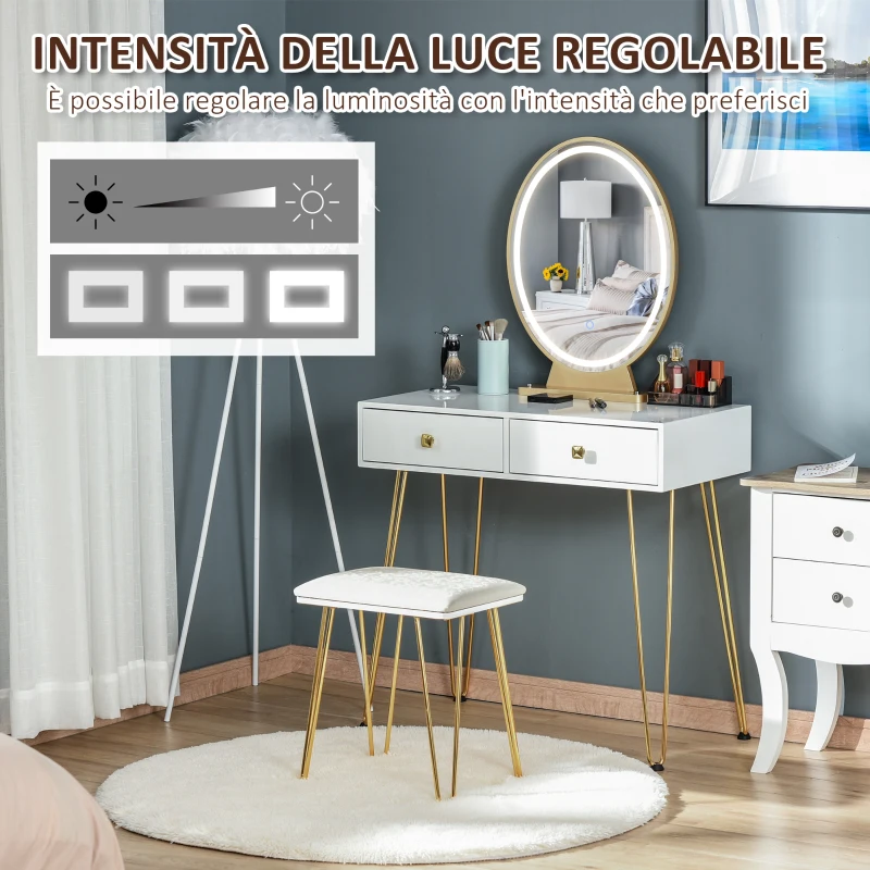 HOMCOM Toeletta con Specchio Luci a LED in Stile Industriale, Tavolo per Trucco con Sgabello, Mobile Toeletta con Interruttore Touch, Bianco