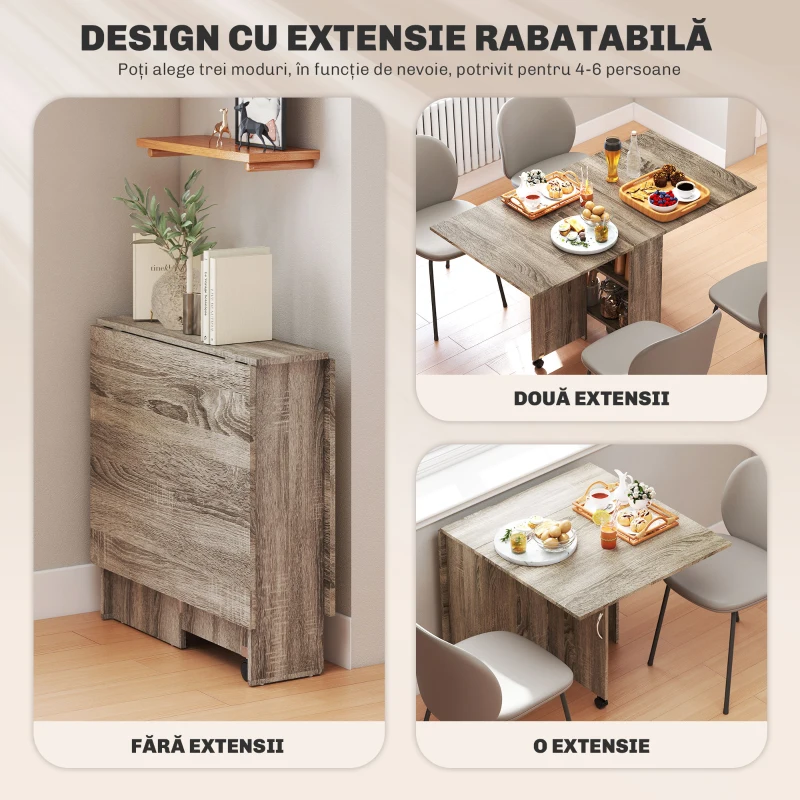 HOMCOM Masă pliabilă rabatabilă cu 2 rafturi pentru 6 persoane, din lemn gri