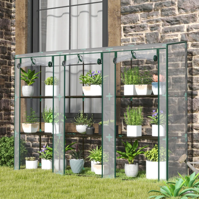 Outsunny Serra da Giardino con Ripiani a 3 Livelli, Serra da Balcone, 3 Porte Avvolgibili con Zip, 215 x 46 x 151 cm, Verde