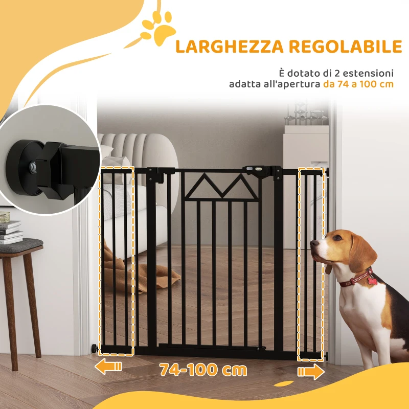 PawHut Cancelletto per Cani con 4 Viti Regolabili e Nastro Adesivo, in Metallo e Plastica, 74-100x76 cm, Nero