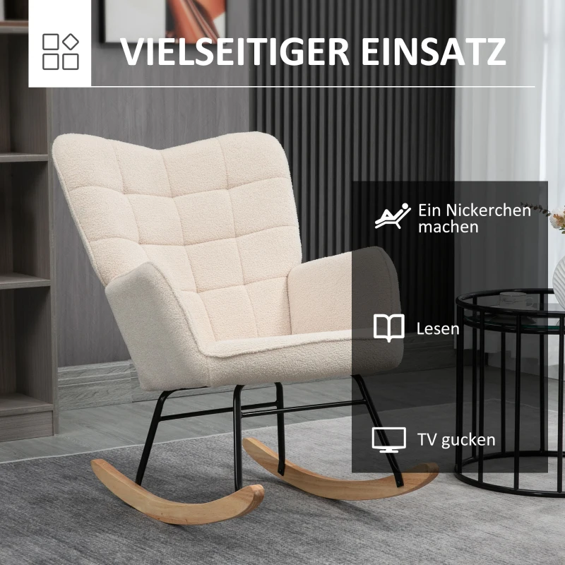 HOMCOM Schaukelstuhl im Retro-Design, Massivholz, Sessel, Relaxsessel, 98 cm x 71 cm x 101 cm, Beige(m-6)