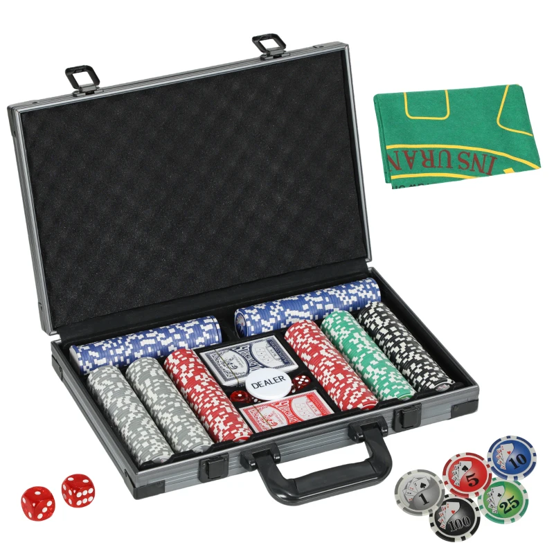 SPORTNOW Set de Poker pentru 10 Jucători cu 400 Jetoane, 2 Pachete de Cărți, 5 Zaruri, Geantă și Covor de Joc, 39,5x28x8 cm, Multicolor