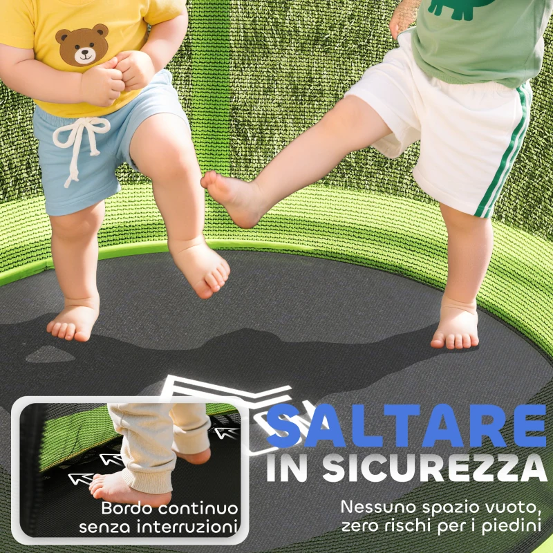 HOMCOM Tappeto Elastico per Bambini 3-6 Anni con Rete di Protezione, 6 Colonne e 3 Ingressi, Ø140x190 cm, Verde e Nero